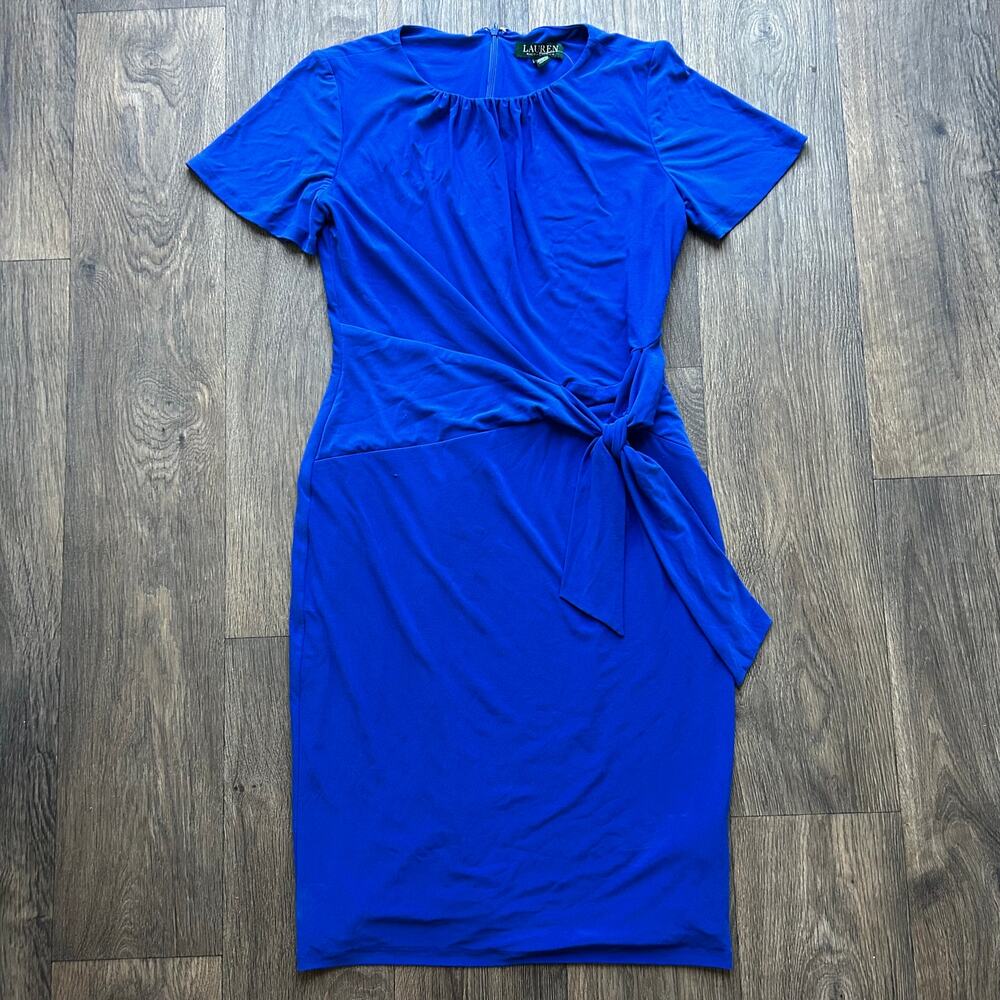 🥶 Lauren Ralph Lauren Blue Short Sleeve Side Tie Knee Length Dress Size 8